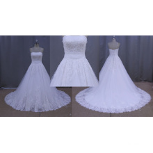 Latest Strapless Lace Applique White Wedding Dress